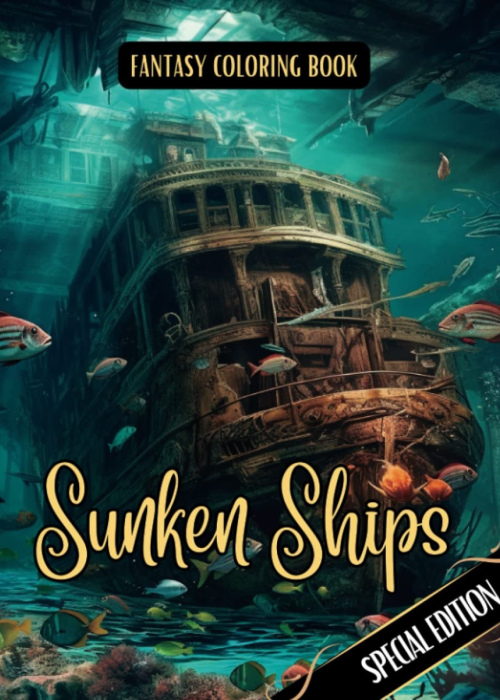 Fantasy Coloring Book Sunken Ships Special Edition: For Adults and Teens | Black Line and Grayscale Images of Sunken Ships