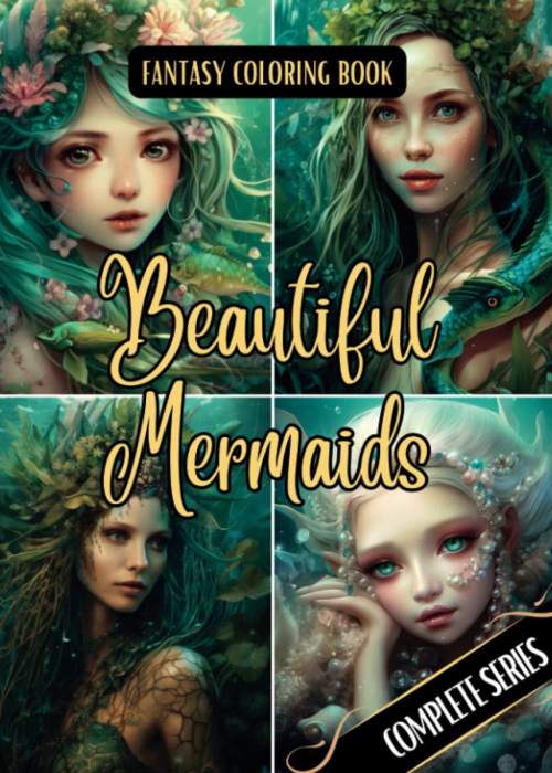Fantasy Coloring Book Beautiful Mermaids Complete Series: For Adults and Teens | 100 Black Line and Grayscale Mermaid Images 